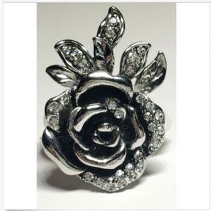 Silver Rose Flower Ring Art Deco Vintage Size 6 Rhodium Plated Crystal Victorian